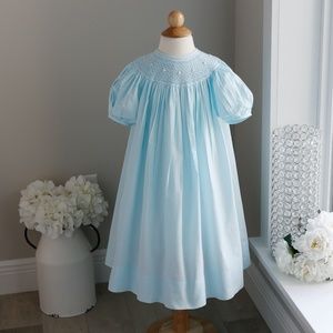 Smocked Dress Strasburg Aqua Blue Hand Pink Embroidery Size 5 100% Cotton